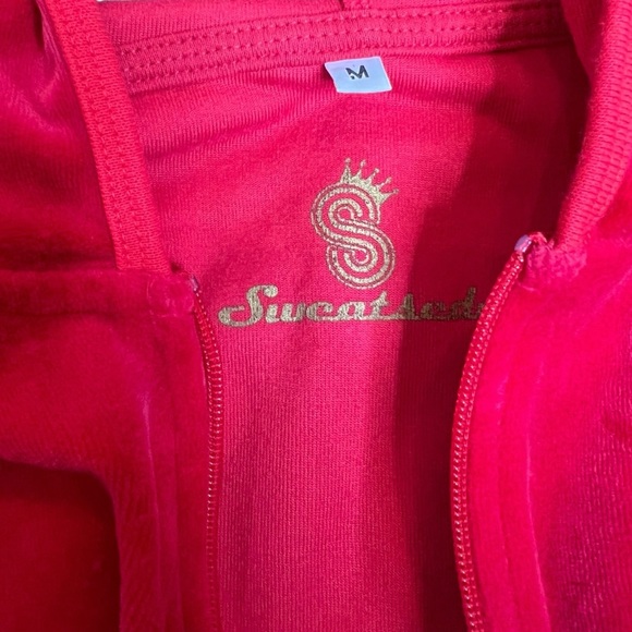 Vintage Sweatsedo Bedazzled Velour Red Zip Up Hoodie Size Medium - Picture 2 of 8